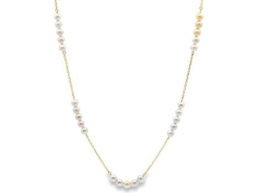 18K Yellow Gold Pearl Station Necklace with Natural Diamonds
